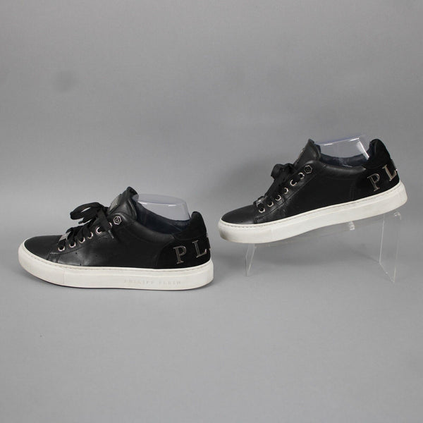 Philipp Plein Sz 38 Black Leather Upper Rubber Sole Silver Logo Tennis Shoes