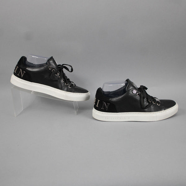 Philipp Plein Sz 38 Black Leather Upper Rubber Sole Silver Logo Tennis Shoes
