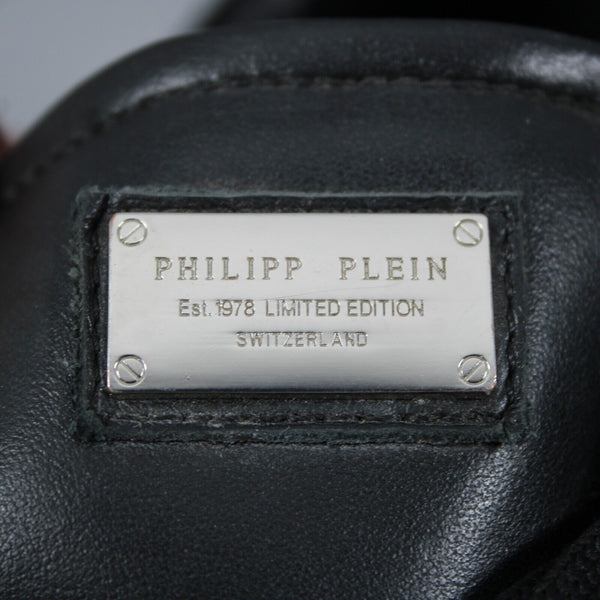 Philipp Plein Sz 38 Black Leather Upper Rubber Sole Silver Logo Tennis Shoes