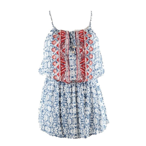 Maurices Sz M White Blue Elast Waist Red Pink Silver Embroidered Rayon Top