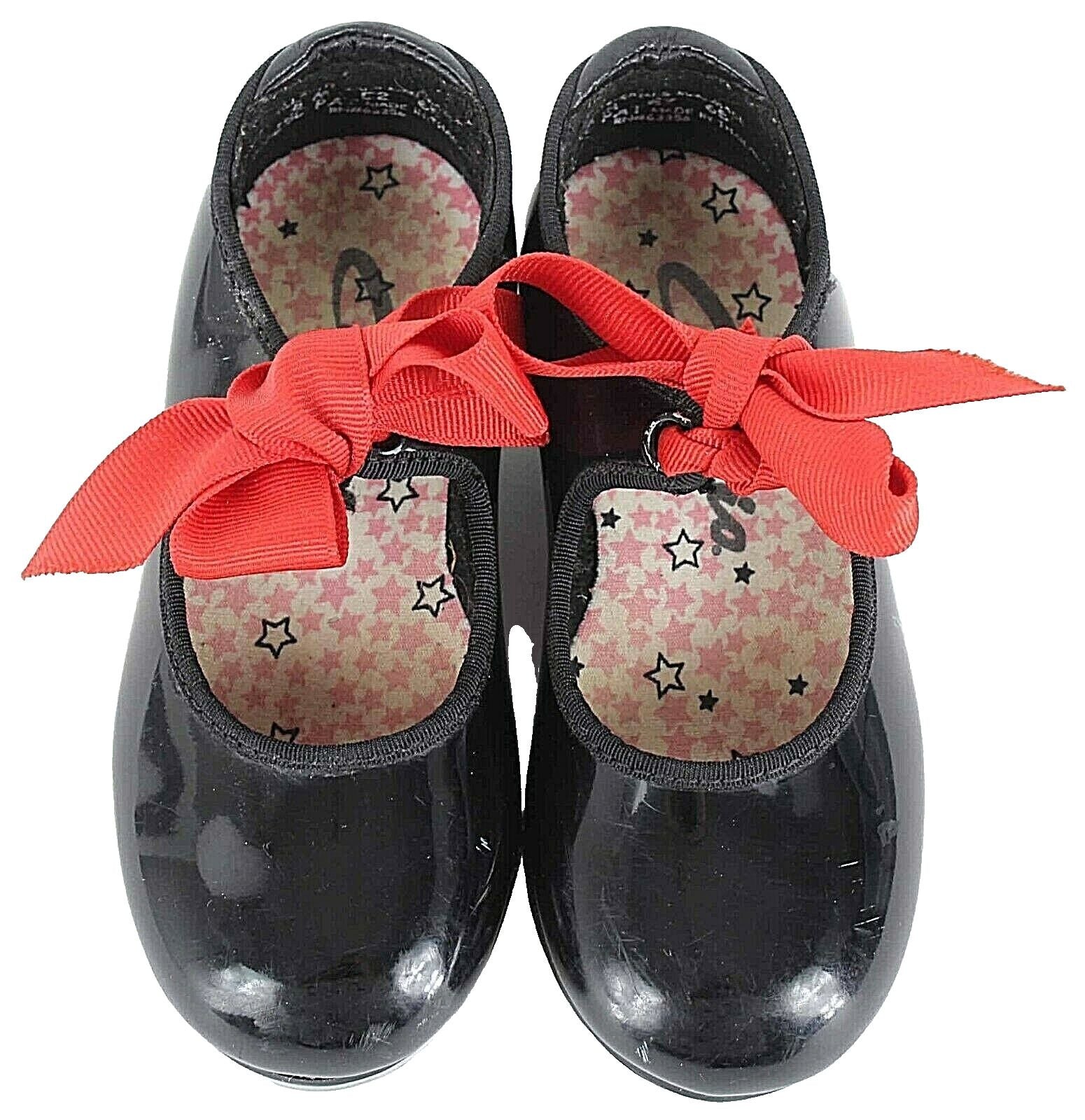 Capezio Sz 8M Black Patent Vegan Leather Red Grosgrain Bow Girls Tap Shoe