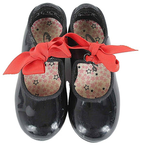 Capezio Sz 8M Black Patent Vegan Leather Red Grosgrain Bow Girls Tap Shoe