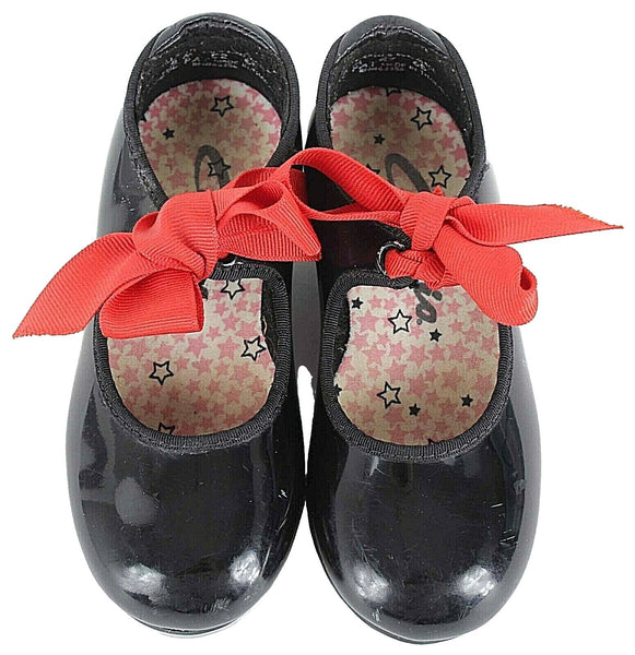 Capezio Sz 8M Black Patent Vegan Leather Red Grosgrain Bow Girls Tap Shoe