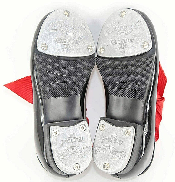 Capezio Sz 8M Black Patent Vegan Leather Red Grosgrain Bow Girls Tap Shoe