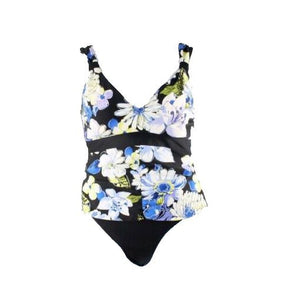 St Johns Bay Sz 12 2 PC Black Blue Multi Nylon Spdx Ruched Floral Swim Suit