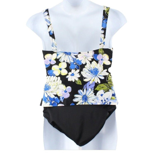 St Johns Bay Sz 12 2 PC Black Blue Multi Nylon Spdx Ruched Floral Swim Suit