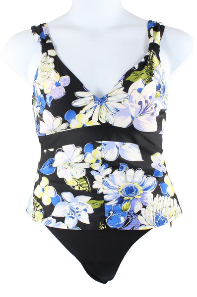 St Johns Bay Sz 12 2 PC Black Blue Multi Nylon Spdx Ruched Floral Swim Suit