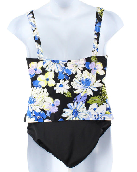St Johns Bay Sz 12 2 PC Black Blue Multi Nylon Spdx Ruched Floral Swim Suit
