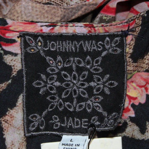 Johnny Was Dress NEW$335 Sz L Black Brown Multi Color 100% Rayon Poly Midi Dress