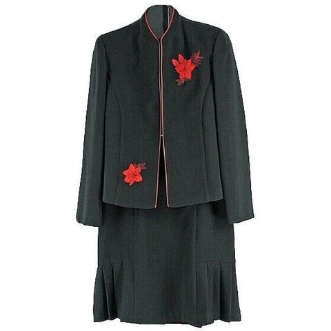 Studio I Sz 10P Black Red Embroidered Applique Polyester Unlined Skirt Suit