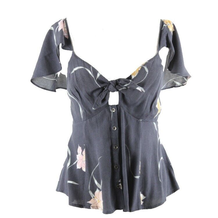 ASTR The Label Sz M Navy Blue Rose Multi Flutter Sleeve Rayon Viscose Top