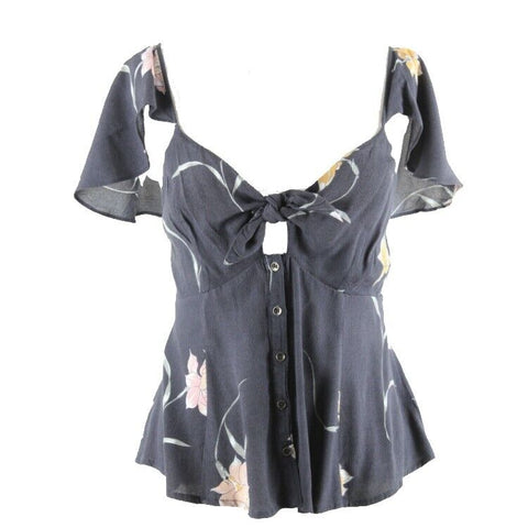 ASTR The Label Sz M Navy Blue Rose Multi Flutter Sleeve Rayon Viscose Top