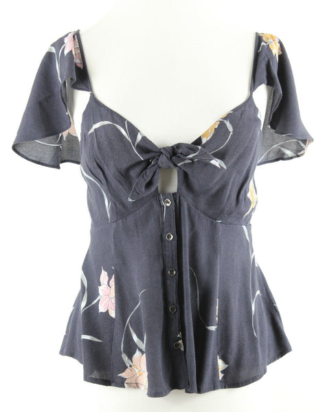 ASTR The Label Sz M Navy Blue Rose Multi Flutter Sleeve Rayon Viscose Top