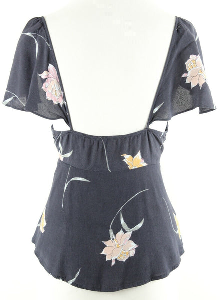 ASTR The Label Sz M Navy Blue Rose Multi Flutter Sleeve Rayon Viscose Top