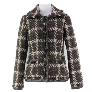 Chicos NEW $139 Sz 0 Brown Cream Plaid Poly Blend Fringe Janise Blazer Jacket