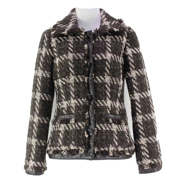 Chicos NEW $139 Sz 0 Brown Cream Plaid Poly Blend Fringe Janise Blazer Jacket