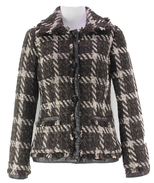 Chicos NEW $139 Sz 0 Brown Cream Plaid Poly Blend Fringe Janise Blazer Jacket