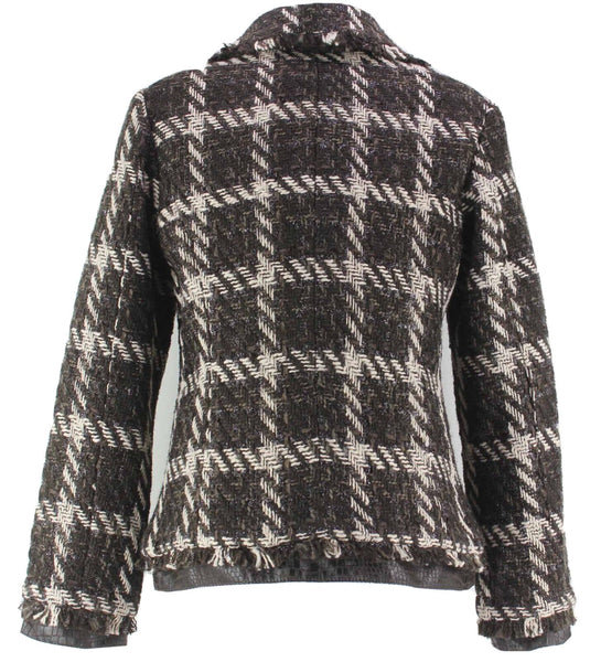 Chicos NEW $139 Sz 0 Brown Cream Plaid Poly Blend Fringe Janise Blazer Jacket