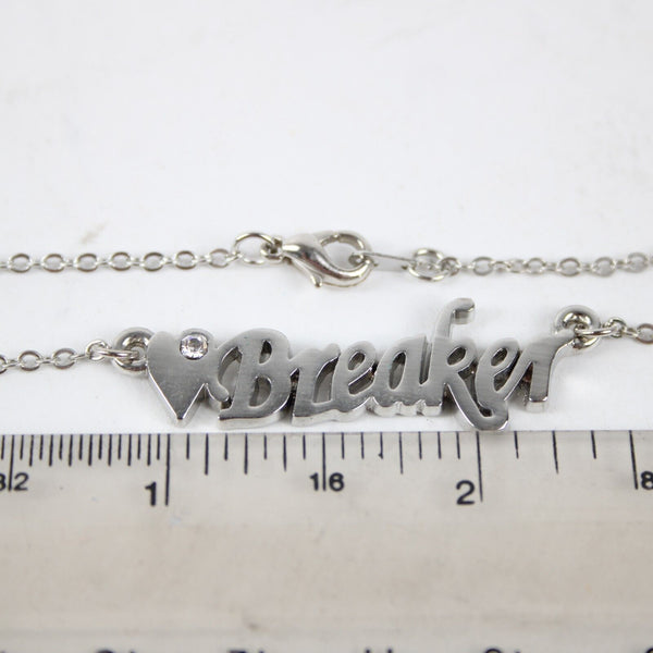 ❤ BREAKER Name Silvertone Rhinestone 14.5" w 4.5" Multi Ring Ext Necklace