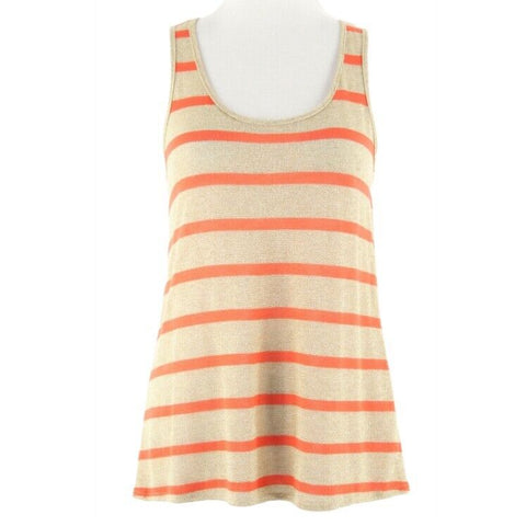 Soprano Sz M Orange Gold Metallic Stripe Sheer Back Panel Rayon Blend Top