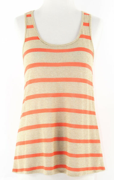 Soprano Sz M Orange Gold Metallic Stripe Sheer Back Panel Rayon Blend Top