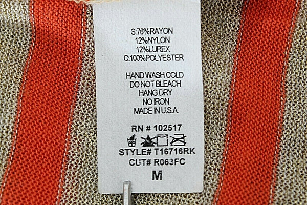 Soprano Sz M Orange Gold Metallic Stripe Sheer Back Panel Rayon Blend Top