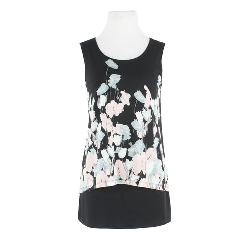 Alfani Sz S Black Pink Green Multi Floral Layered Lined Poly Spandex Knit Top