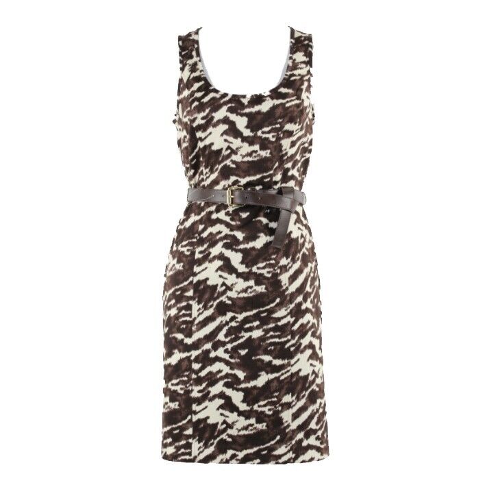 Michael Kors NEW $150 6 Brown Ivory Belt Cut Out Zip Cotton Blend Dress