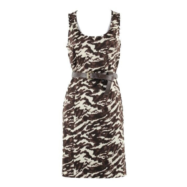 Michael Kors NEW $150 6 Brown Ivory Belt Cut Out Zip Cotton Blend Dress