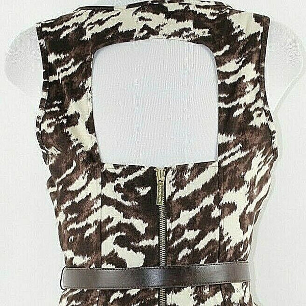 Michael Kors NEW $150 6 Brown Ivory Belt Cut Out Zip Cotton Blend Dress