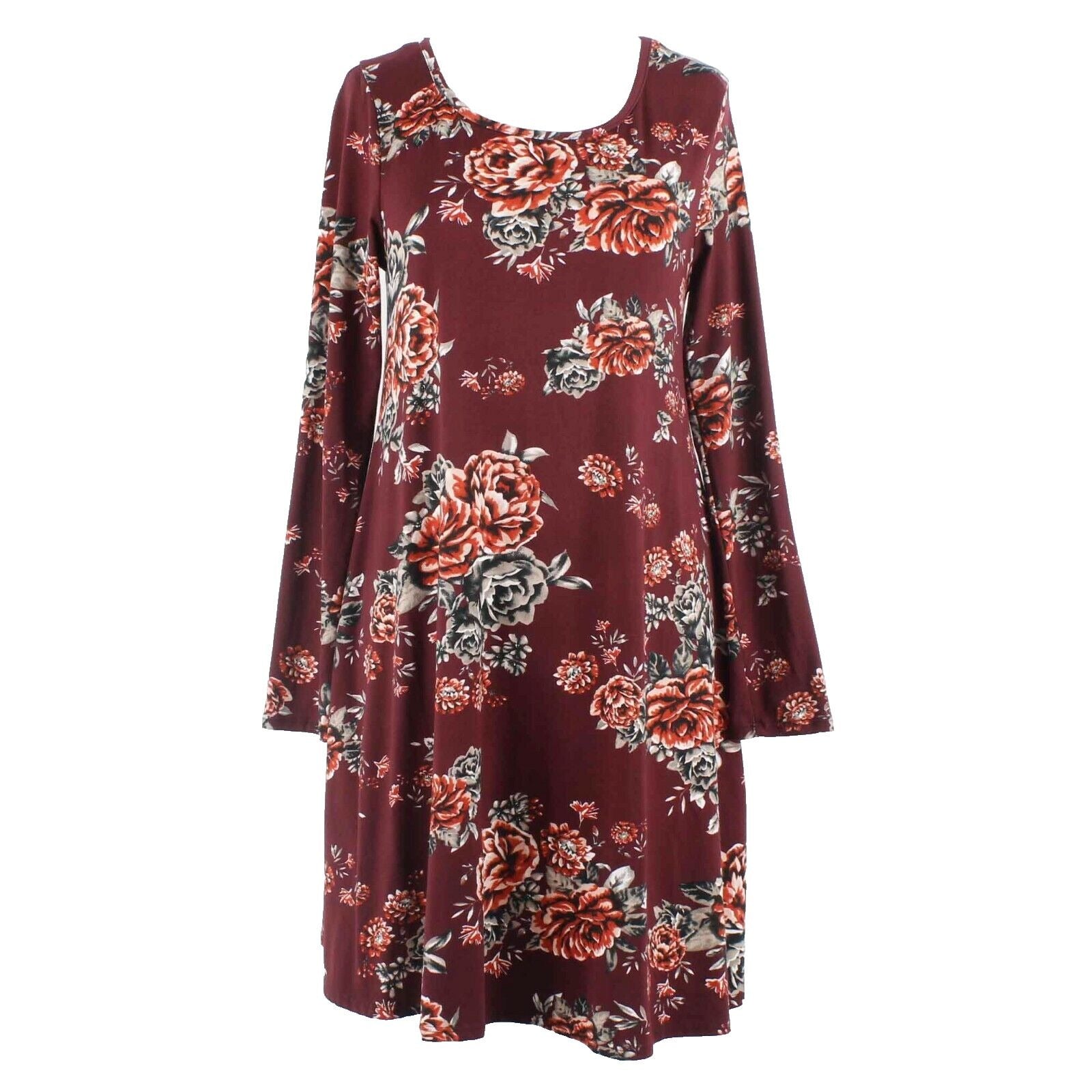 TMG Sz M Burgundy Cream Multi Floral Polyester Spandex Jersey Knee Length Dress