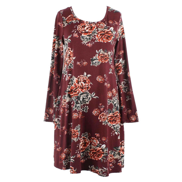 TMG Sz M Burgundy Cream Multi Floral Polyester Spandex Jersey Knee Length Dress