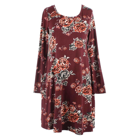 TMG Sz M Burgundy Cream Multi Floral Polyester Spandex Jersey Knee Length Dress