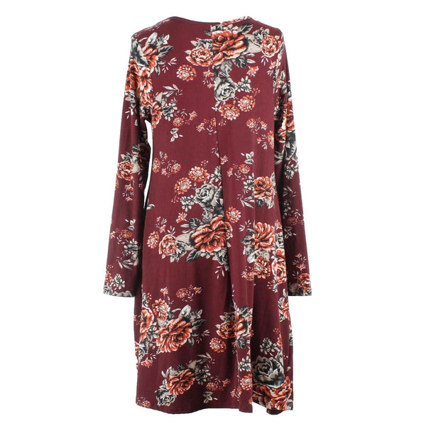 TMG Sz M Burgundy Cream Multi Floral Polyester Spandex Jersey Knee Length Dress