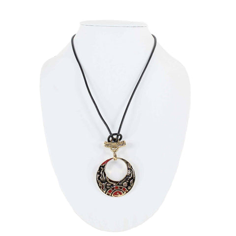 Chicos 34" Goldtone Black Red Enamel Pendant Leather Cord Necklace