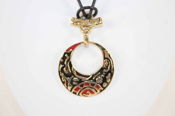 Chicos 34" Goldtone Black Red Enamel Pendant Leather Cord Necklace