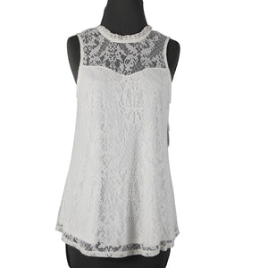 BCX NEW $39 Sz M Off White Lace Overlay Collared 100% Nylon Polyester Top