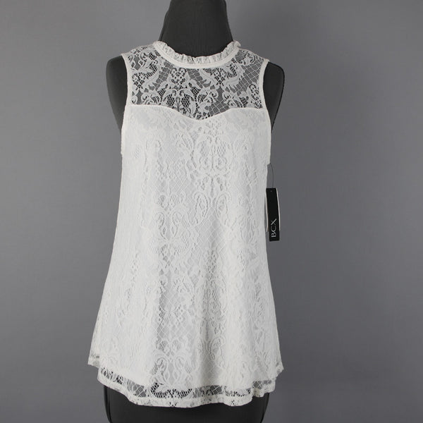 BCX NEW $39 Sz M Off White Lace Overlay Collared 100% Nylon Polyester Top