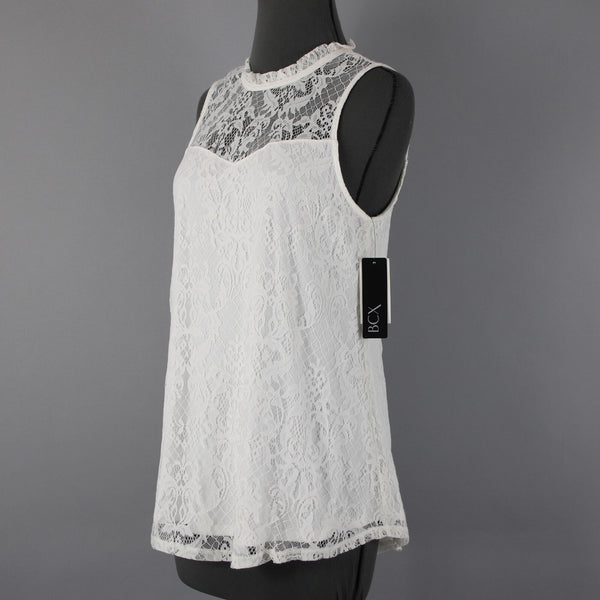 BCX NEW $39 Sz M Off White Lace Overlay Collared 100% Nylon Polyester Top