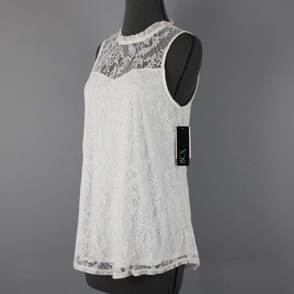 BCX NEW $39 Sz M Off White Lace Overlay Collared 100% Nylon Polyester Top