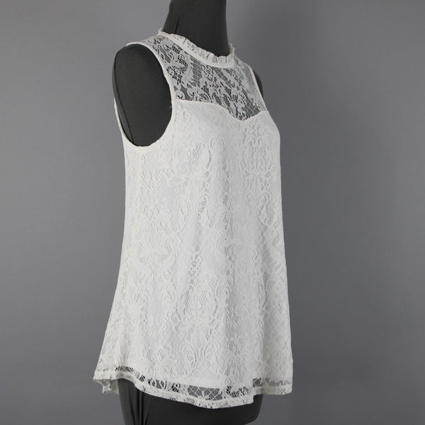 BCX NEW $39 Sz M Off White Lace Overlay Collared 100% Nylon Polyester Top