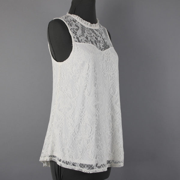 BCX NEW $39 Sz M Off White Lace Overlay Collared 100% Nylon Polyester Top
