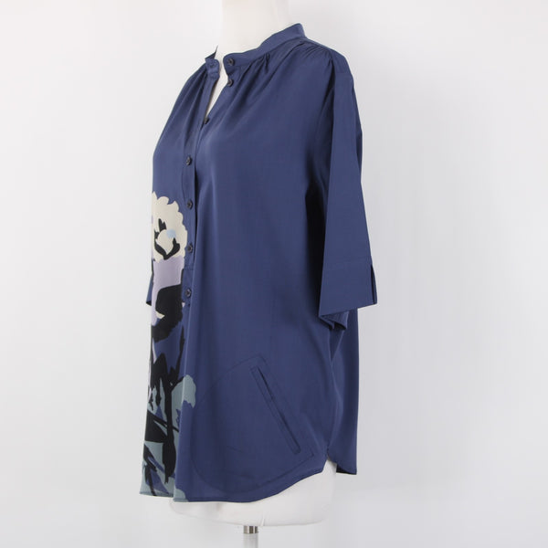 Armani Collezioni Top Sz 10 Navy Blue Bold Print Button Front Silk Blend Top