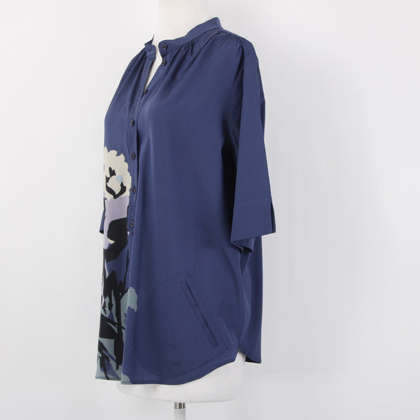 Armani Collezioni Top Sz 10 Navy Blue Bold Print Button Front Silk Blend Top
