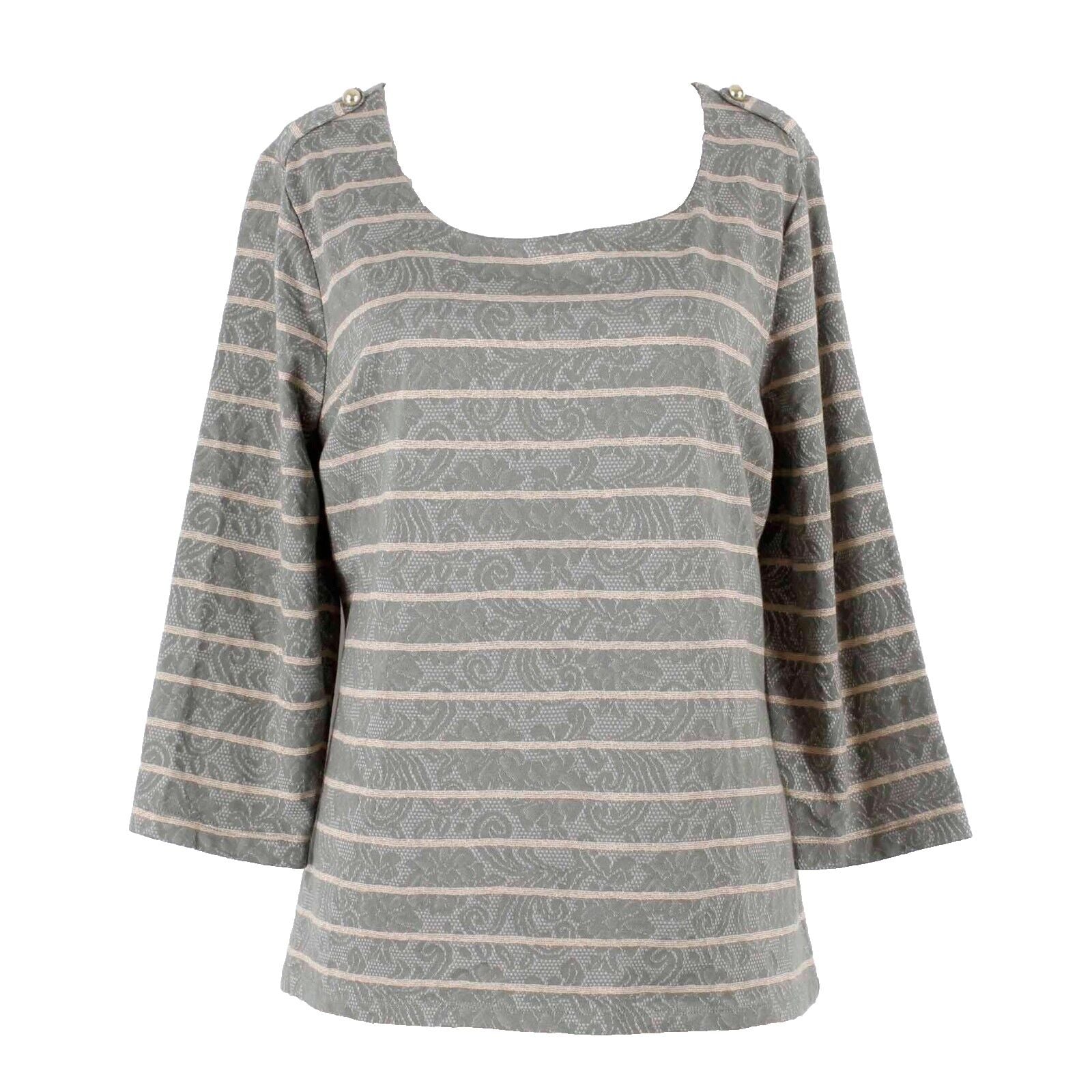 Chicos NEW $69 Lani Sz 2 Moss Cream Gold Striped Lace Cotton Polyester Top
