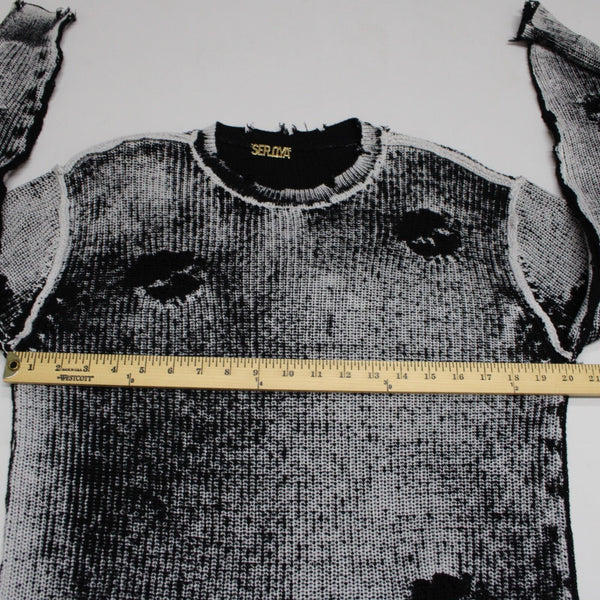 Se.ro.ya Sz S Black White Distressed Knit Long Sleeve 100% Cotton Sweater
