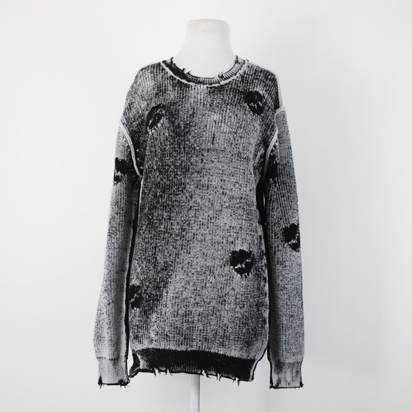 Se.ro.ya Sz S Black White Distressed Knit Long Sleeve 100% Cotton Sweater
