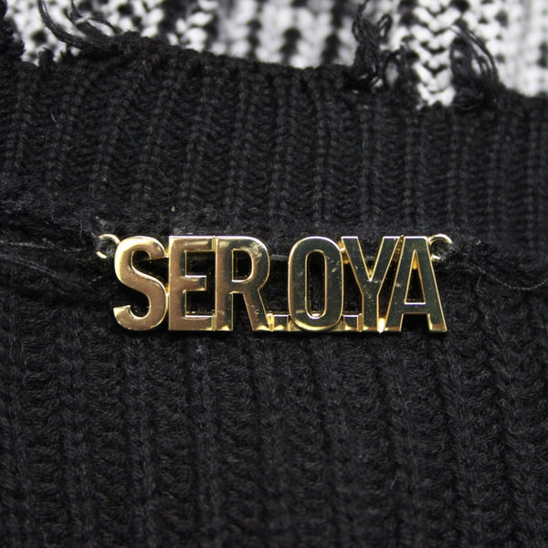 Se.ro.ya Sz S Black White Distressed Knit Long Sleeve 100% Cotton Sweater