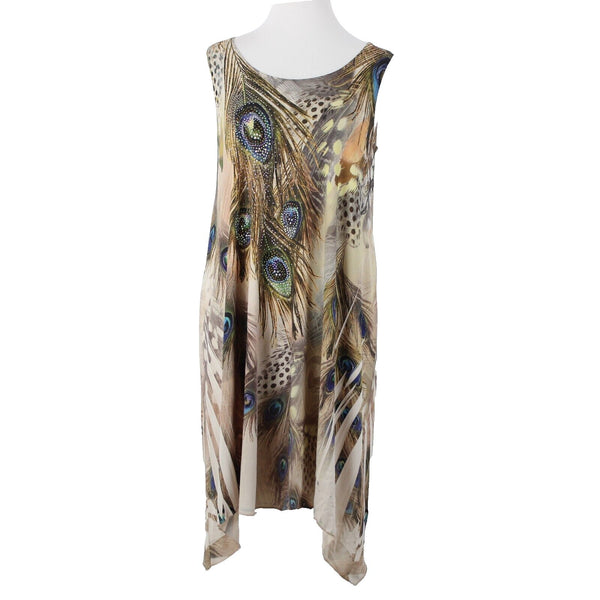 Jostar Sz M Tan Blue Green Rhinestone Studded Peacock Polyester Spandex Dress