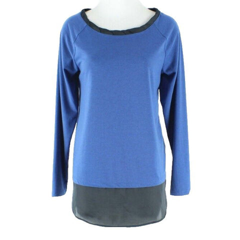 LOGO Sz M Royal Blue Black Chiffon Drop Hem Polyester Rayon Blend Knit Top